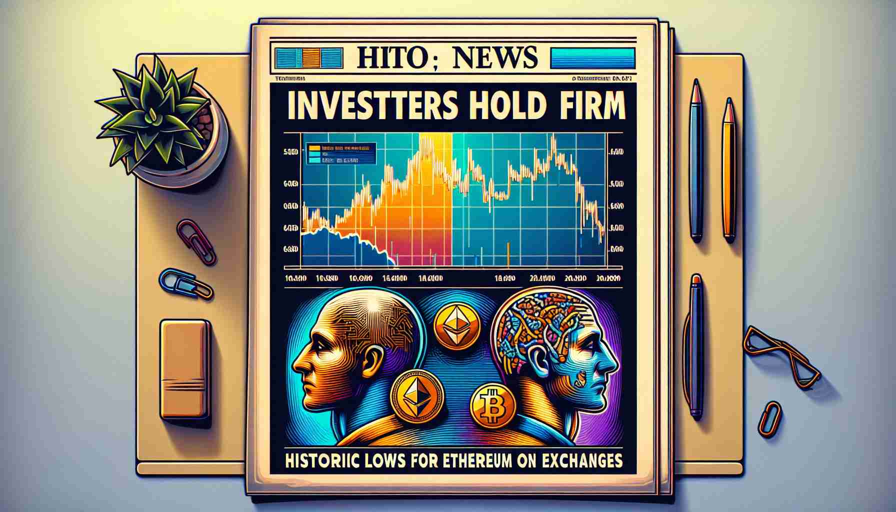 Generate an image representing a newspaper or online news headline depicting the crypto market situation where it says, 'Investors Hold Firm: Historic Lows for Bitcoin and Ethereum on Exchanges.' Display a corresponding realistic image along with the headline. The image may include visual symbols of firm grips, cryptocurrency coins, and declining graphs or charts to illustrate historic lows. This image should have a High Definition quality.