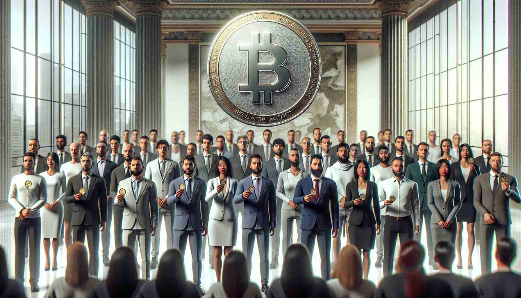 Realistic HD photo of an East Asian island nation establishing a digital currency regulatory authority with 24 founding members, featuring various men and women of mixed descent including Caucasian, Hispanic, Black, Middle-Eastern, and South Asian. The scene depicts these individuals standing in a grand, modern office space, each holding a symbolic coin representing the new venture. There's a sense of unity among them, symbolizing their collective efforts towards regulation of digital currency.