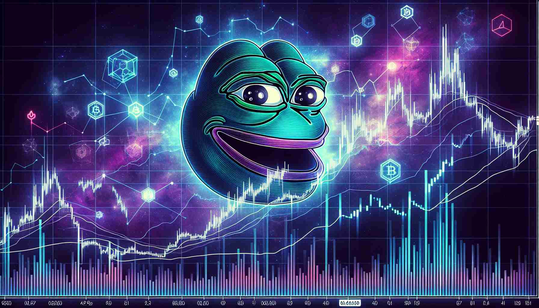 High definition and realistic illustration of the price dynamics for a fictional cryptocurrency named 'Memecoin PEPE' over time. The image should present a detailed analytical chart that tracks market movements and trends including spikes, dips, and periods of stability. Favor graphs and data visualizations like line or bar charts to represent price fluctuations. Include representations of volume indicators and market sentiment for additional context.