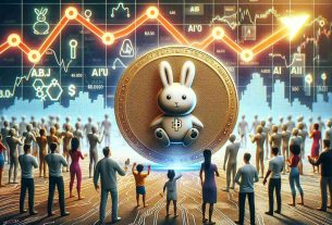 A realistic HD illustration depicting the concept of an emerging, bunny-themed AI-powered digital currency attracting investors amidst a volatile cryptocurrency market. The image includes a digital coin with a bunny logo symbolizing 'Raboo', surrounded by human figures from various descents showing interest in the coin. On the background, a graphic representing the irregular ups and downs of the crypto climate can be portrayed.