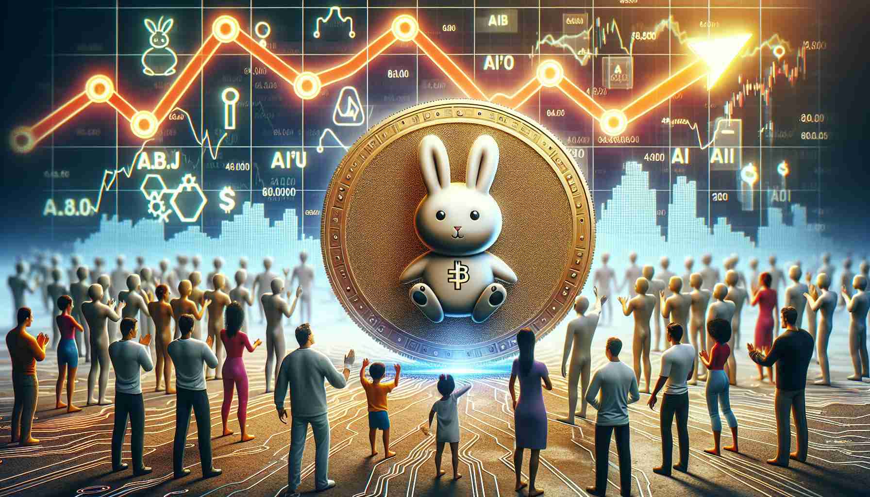 A realistic HD illustration depicting the concept of an emerging, bunny-themed AI-powered digital currency attracting investors amidst a volatile cryptocurrency market. The image includes a digital coin with a bunny logo symbolizing 'Raboo', surrounded by human figures from various descents showing interest in the coin. On the background, a graphic representing the irregular ups and downs of the crypto climate can be portrayed.