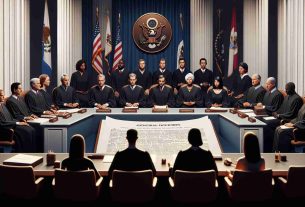 A realistic, high-definition illustration of a general court scene, implying a pivotal decision concerning the restriction of federal agencies' interpretation authority. The image shows nine judges sitting in a semi-circle, four women and five men reflecting diverse ethnicities like Caucasian, Hispanic, Black, Middle-Eastern, and South Asian. There are flags on either side of the room. Highlighted in the center is a formal document symbolizing the recent decision, held by a court clerk.