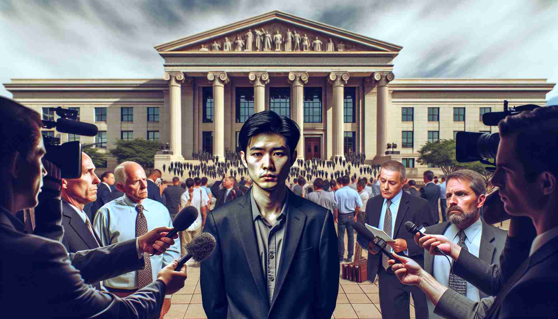 Generate an image of a hypothetical scenario where an international ring leader of a cyber-crime involved in cryptocurrency theft has just been convicted. Portray this person as an Asian male standing outside a courthouse looking dejected, with lawyers discussing in the background and news reporters covering the event. Don't forget to include visual elements such as the imposing facade of the courthouse, bustling crowd, and microphones in the hands of reporters.