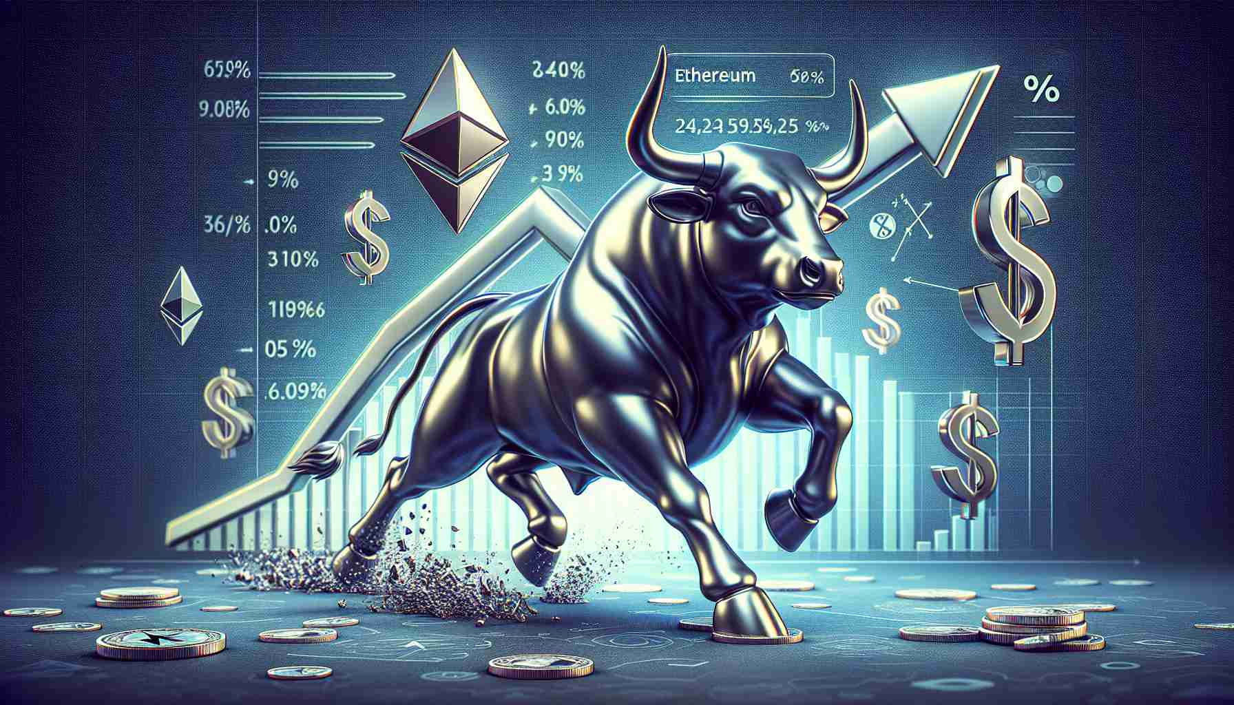 Realistic high definition graphic of the cryptocurrency Ethereum depicted behind a bull, symbolizing a positive market trend. The bull is full of energy, charging forward with a determined look, signaling a potential market upswing. Include icons and symbols associated with financial predictions, such as upward-pointing arrows and percent signs, to reinforce the concept of an upward trend.