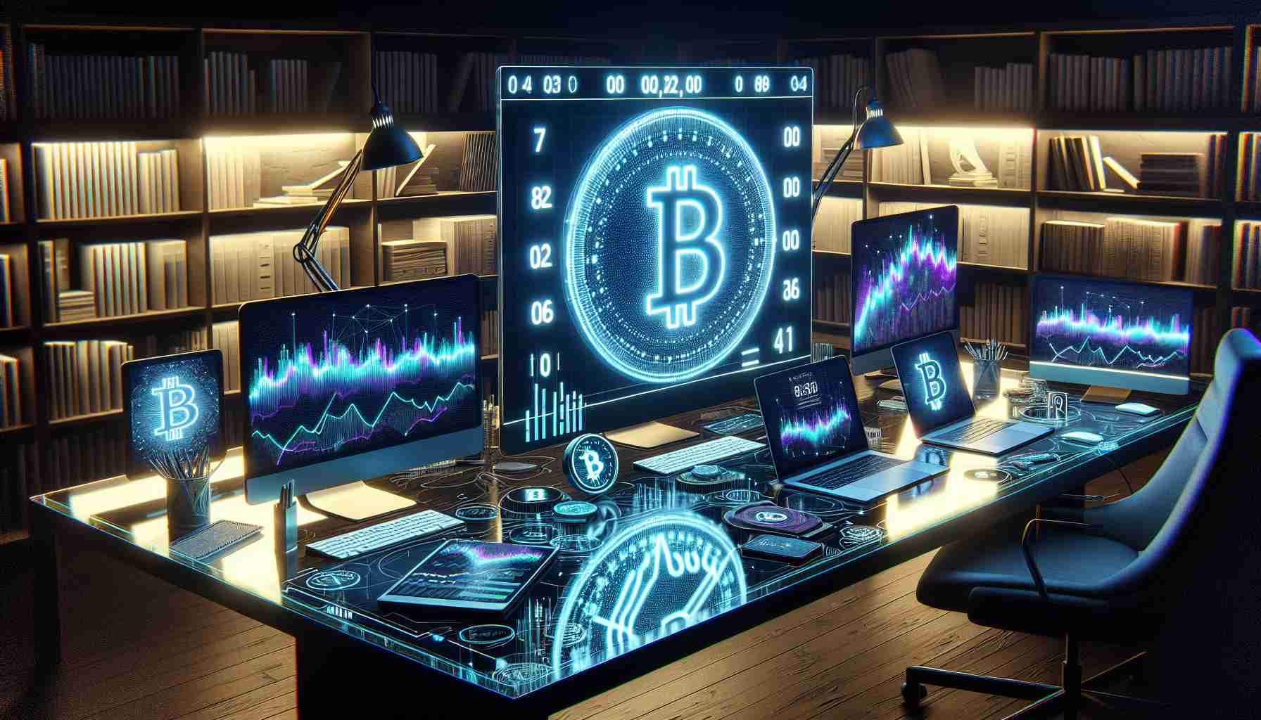 A highly detailed, realistic scene depicting anticipation for an upcoming Bitcoin halving event. The image is centred on a digital countdown timer on a large screen, with numbers displayed in bright neon on a dark background, reflecting the digital nature of Bitcoin. Surrounding the screen, multiple open laptops and LED screens show graphs, charts, and data analyses related to Bitcoin. These devices are spread on a large contemporary glass desk lit by a desk lamp, indicating late night work. The room is a modern study, with bookshelves filled with finance and cryptocurrency books.