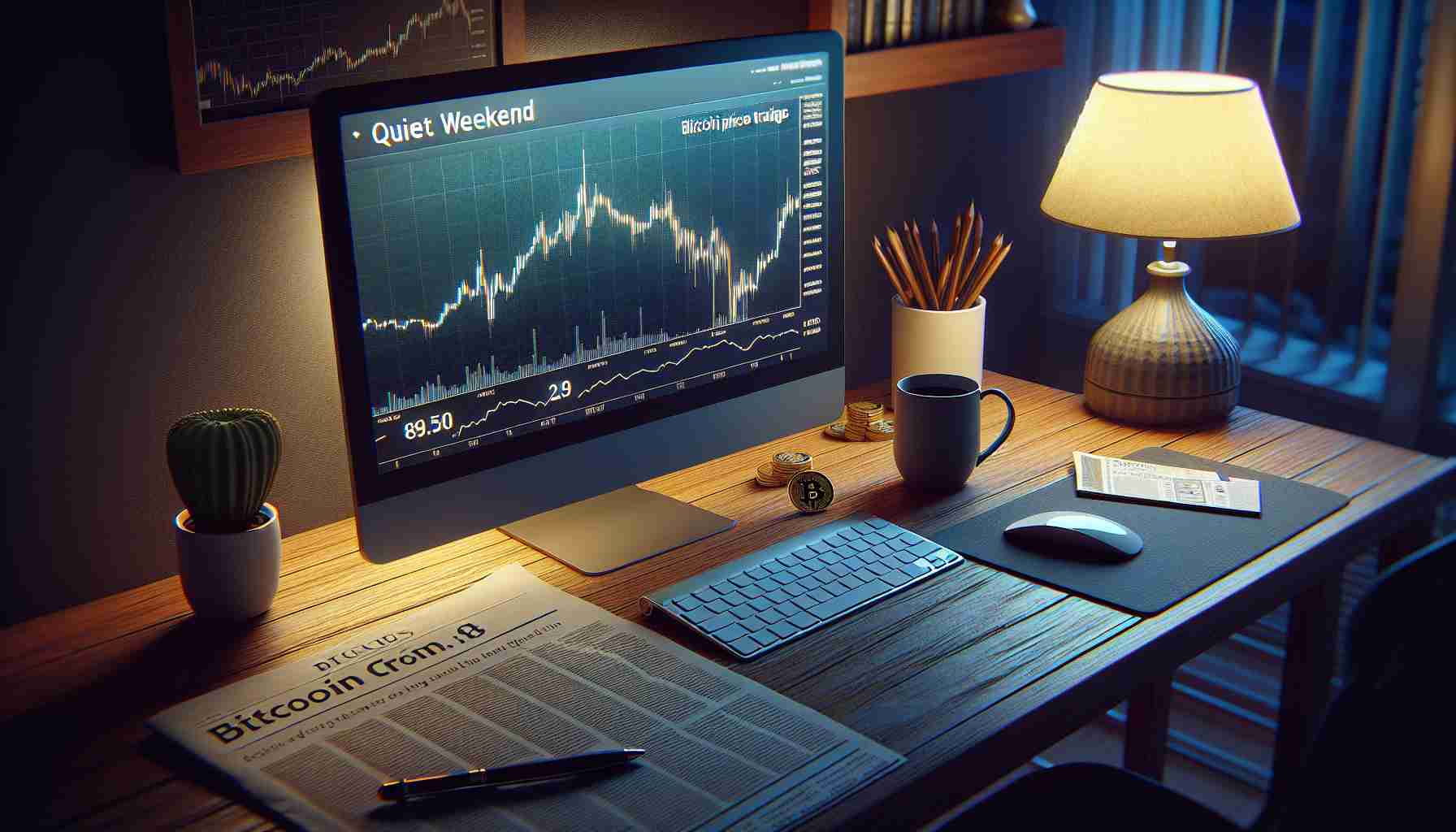 Create a realistic high-definition image of a quiet weekend themed around Bitcoin trading. The scene should visually represent a decline in trading volume. Perhaps, it could include a computer screen displaying dipping Bitcoin price graphs, a tranquil home setting with a coffee mug, a newspaper with related headlines and subtle lighting to confer the feel of a weekend.