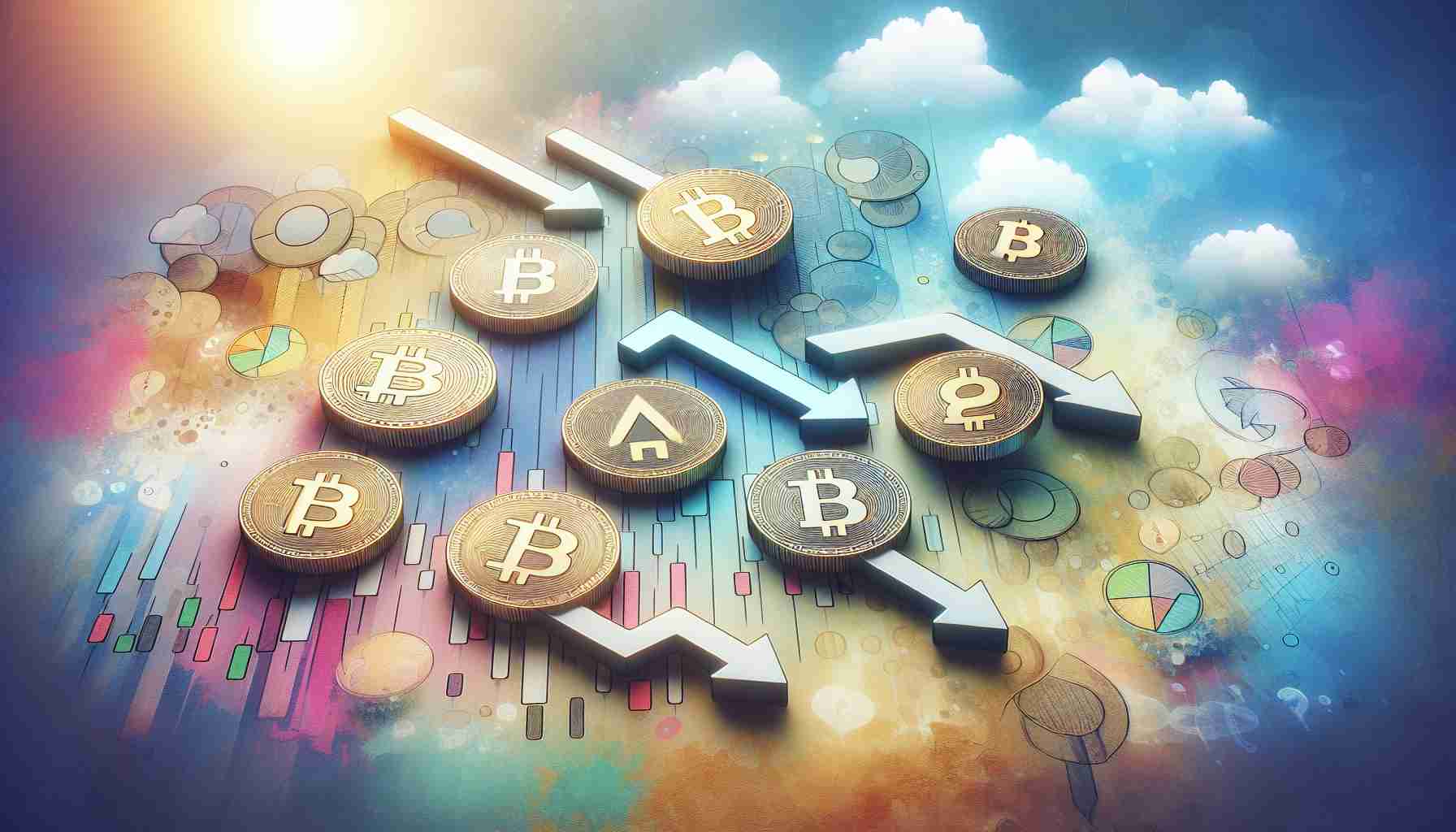 Create a realistic and high definition image of seven symbolic coins, each artistically representing a different cryptocurrency. They should be shown scattered and facing downwards, symbolizing a price drop, despite a hopeful backdrop imbued with light colors and positive elements such as upward trending arrows and encouraging signs to illustrate the optimistic proposals.