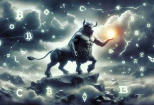 An HD, realistic image of a mythological Minotaur figure standing firmly, serving as a metaphorical beacon in the midst of a chaotic landscape that symbolizes uncertain cryptocurrency markets. The Minotaur can be seen holding a luminous object, symbolizing guidance. Surrounding him are abstract symbols and signs of different cryptocurrencies dispersed randomly, while stormy and unstable weather blankets the scene.