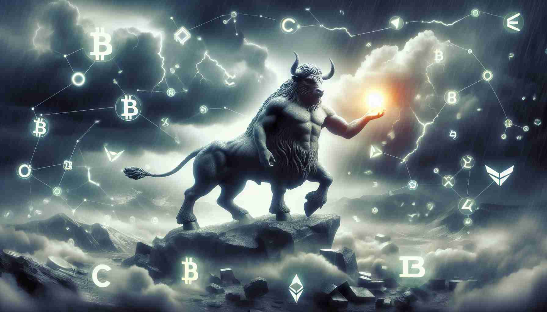 An HD, realistic image of a mythological Minotaur figure standing firmly, serving as a metaphorical beacon in the midst of a chaotic landscape that symbolizes uncertain cryptocurrency markets. The Minotaur can be seen holding a luminous object, symbolizing guidance. Surrounding him are abstract symbols and signs of different cryptocurrencies dispersed randomly, while stormy and unstable weather blankets the scene.