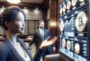 A highly detailed and realistic scene in a financial setting. An Asian female investor is in a bank, evaluating the performance of several cryptocurrency offerings on a large digital display screen. Her facial expression shows a mixture of satisfaction and concern, conveying mixed results. A Caucasian male banker is nearby, attentive to the investor's reactions, looking at the same display screen. The image captures the tension and anticipation in the room, as well as the complexities of navigating the world of digital currencies.