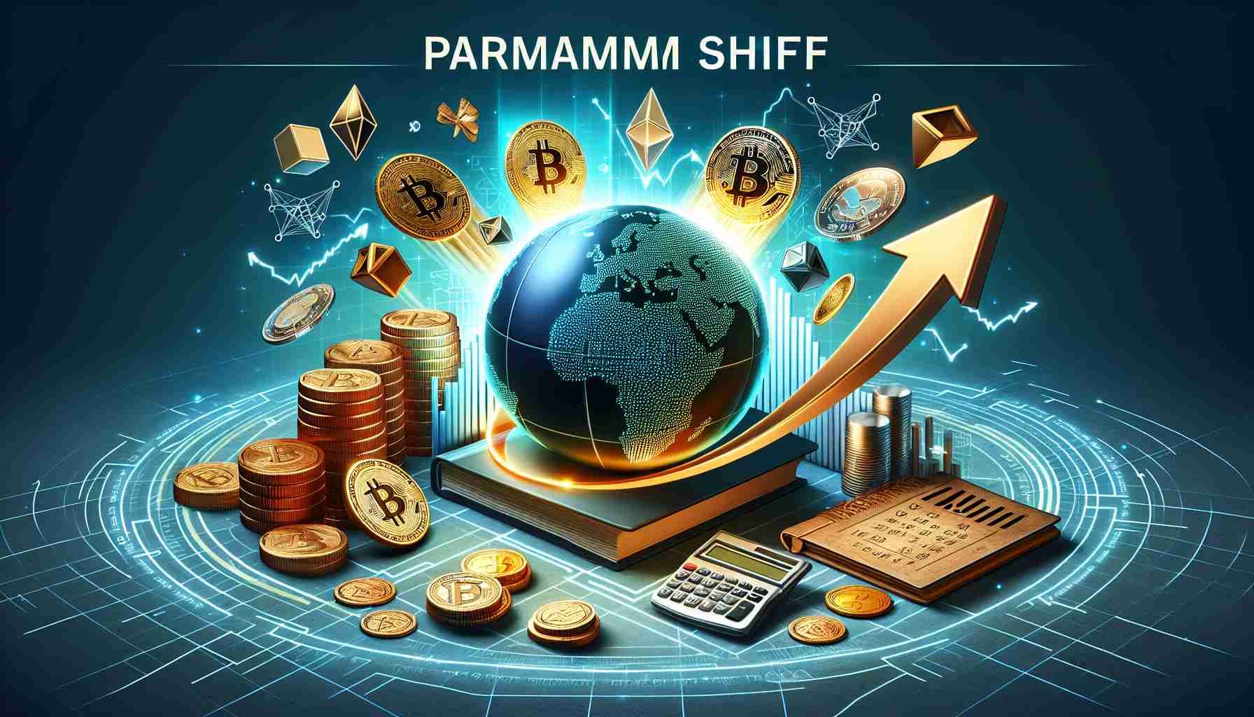 A high-definition, realistic picture showing the paradigm shift in the field of cryptocurrency. This can include visual metaphors such as a blockchain transforming into various real-world assets or commodities. A 3D globe might be present, hinting at the global impact of this shift. Bit coins, a ledger book, and graphic arrows showing growth, can be included to represent the comprehensive essence of the crypto market.