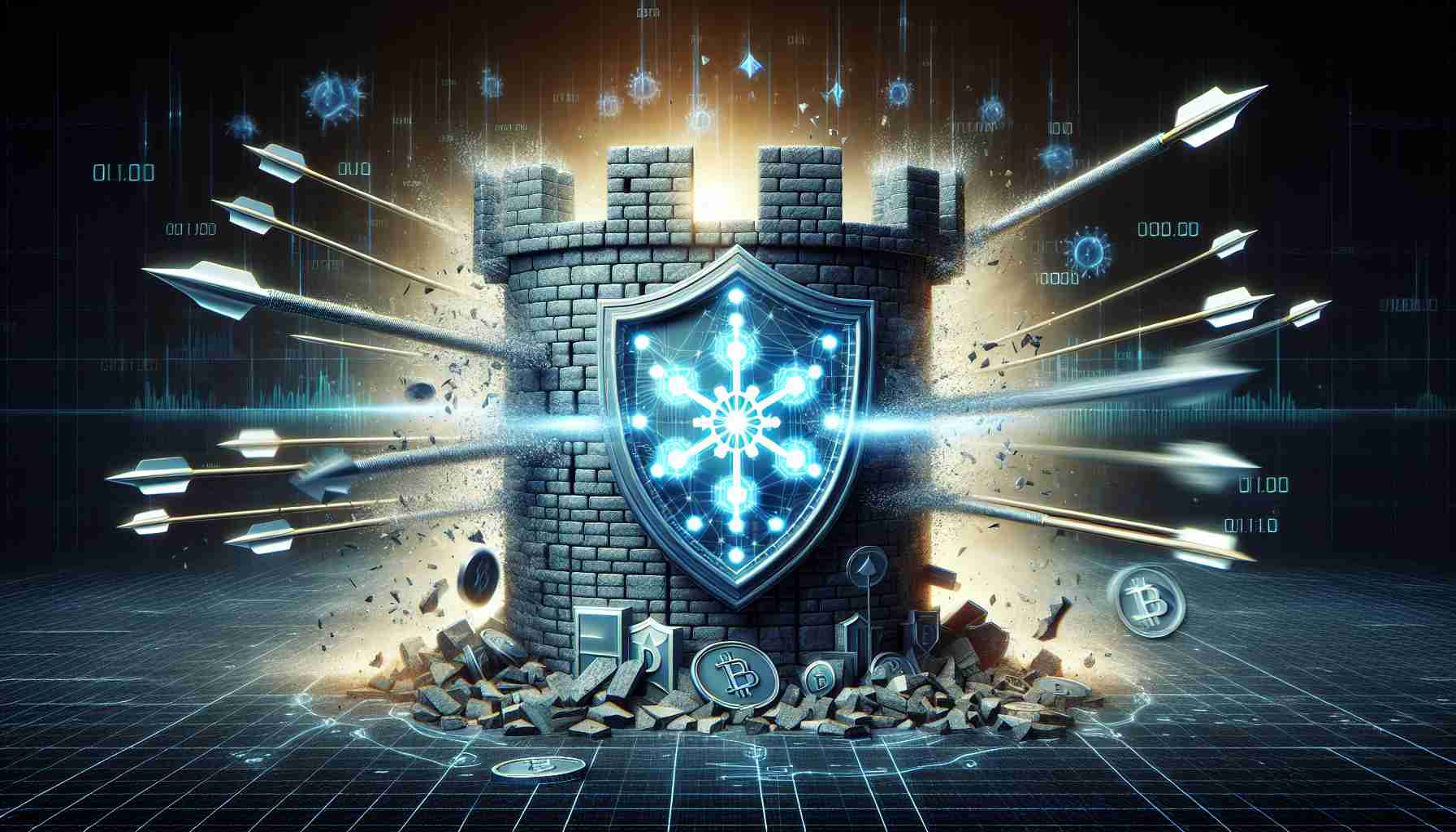 Generate a high-definition, realistic image representing the concept of the cryptocurrency Cardano successfully resisting a Distributed Denial of Service (DDoS) attack. The picture should evoke a sense of resilience and strength, possibly displaying a symbolic fortress or shield signifying Cardano's security measures, with a barrage of arrows or attacks being thrown at it, but failing to cause damage. Also include visual elements related to digital technology and finance.