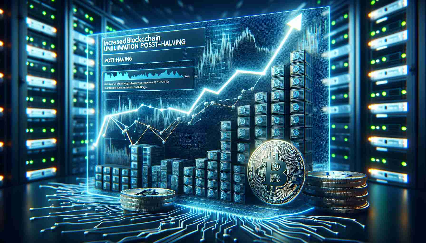 An image encapsulating the concept of Bitcoin's increased blockchain utilization post-halving. The image should be in HD and have a realistic style. It could include elements such as a visually compelling graph or chart indicating the surge in utilization and Bitcoin tokens to reflect the context. The background could display powerful computer servers generating complex mathematical calculations required for Bitcoin mining and transactions.