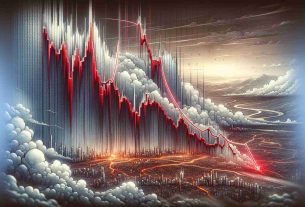 A highly detailed and realistic representation of Bitcoin's sharp decline amidst market uncertainty. Envision an illustration of a chart that represents Bitcoin's value plummeting, with red downtrend lines and bar charts. The chart is filled with fluctuations and a clear predominant drop, representing the steep fall in Bitcoin's price. Introduce elements of uncertainty such as hazy surroundings, cloudy backdrop, or stormy skies to reflect the uncertain atmosphere within the market.