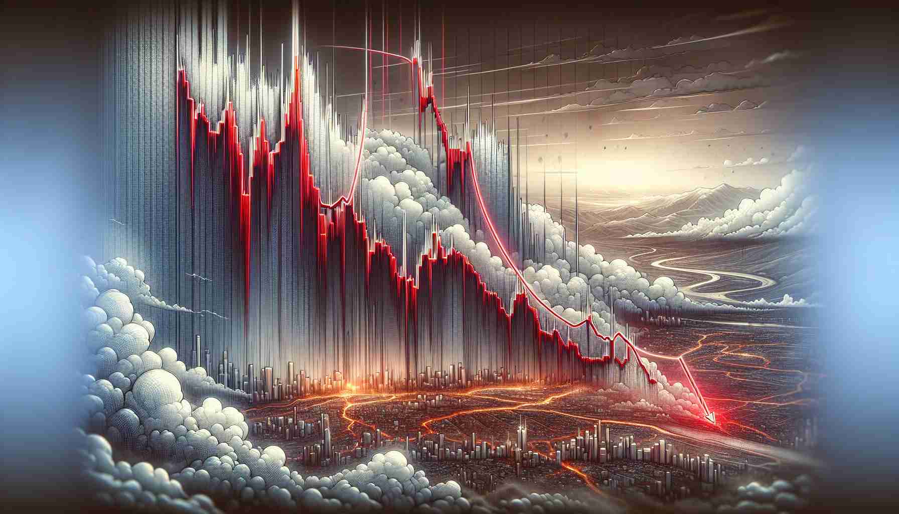 A highly detailed and realistic representation of Bitcoin's sharp decline amidst market uncertainty. Envision an illustration of a chart that represents Bitcoin's value plummeting, with red downtrend lines and bar charts. The chart is filled with fluctuations and a clear predominant drop, representing the steep fall in Bitcoin's price. Introduce elements of uncertainty such as hazy surroundings, cloudy backdrop, or stormy skies to reflect the uncertain atmosphere within the market.