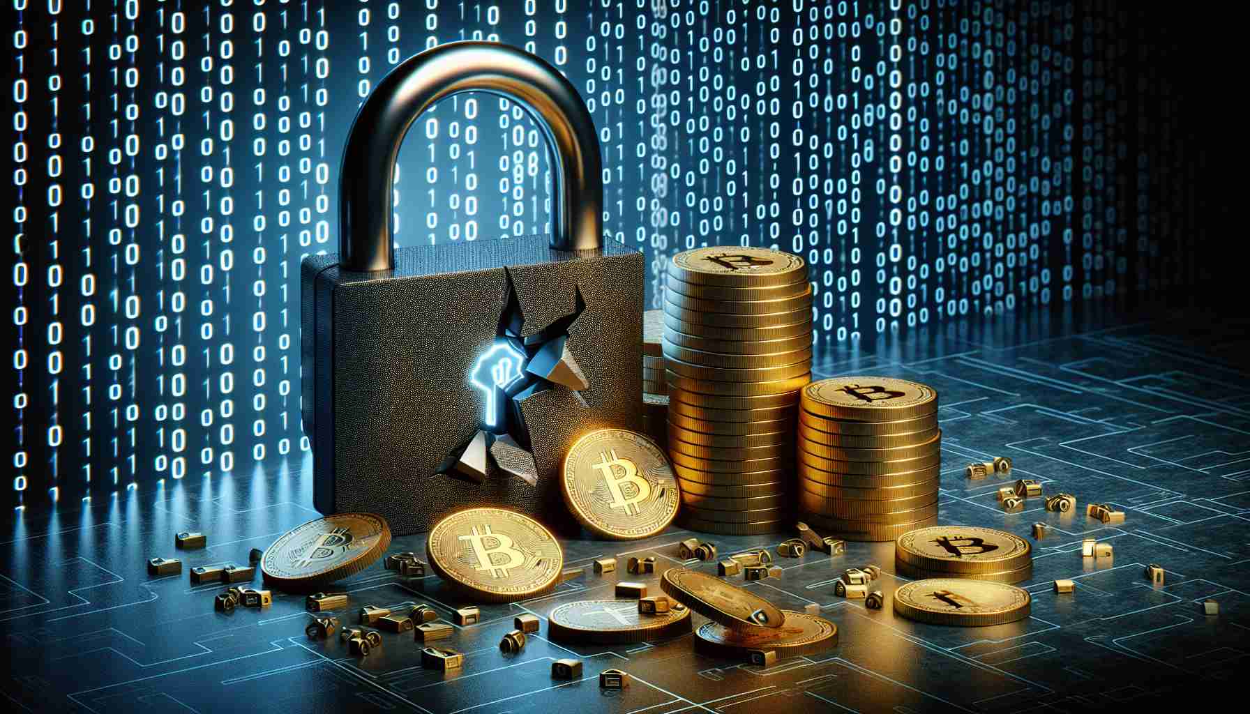 A photorealistic image portraying a metaphor for a significant security breach in an anonymous digital currency exchange platform. Display a binary code background representing hacking process, a broken padlock symbolizing the security flaw, and stacks of golden digital coins to signify the substantial crypto loss. NOTE: The image should not contain any recognizable real-world branding or people.