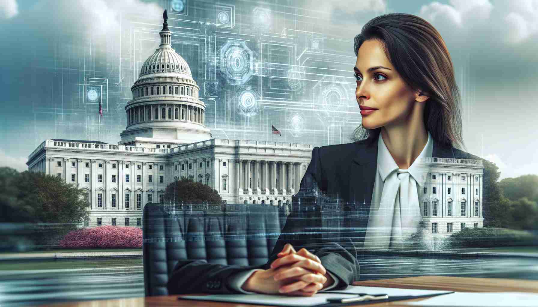 A high-definition depiction of a famous government building, known for its striking white exterior, in the backdrop of a meeting about cybersecurity tactics. The discussion involves the return of an expert in the field of cryptocurrency, a woman characterized by her astute understanding of digital transactions and security. She is of Caucasian descent and her professional attire reflects her expertise and authority in her domain.