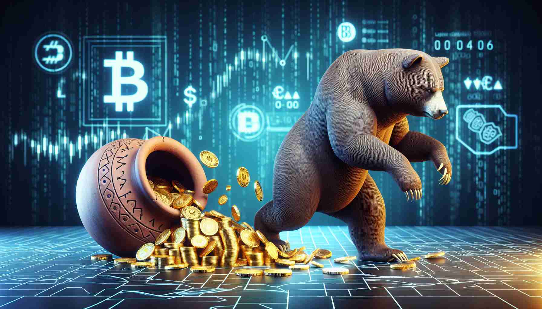 A high definition, realistic image depicting a symbolic scenario. A large, strong bear (representing Binance) stepping down firmly on a pile of golden coins spilling from a broken clay pot (representing Lista Airdrop abuse). In the background, digital representations such as binary code and cryptocurrency symbols create a tech-savvy ambiance.