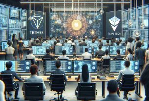 An HD photo realistically depicting the launching of a Blockchain Education Initiative. The picture shows a group of individuals in a room filled with high-tech equipment. Multiple screens display codes and symbols related to blockchain technology. Logos of Tether and Taipei Tech, two major players in this initiative, are prominently displayed on banners and screens. The room buzzes with the energy of collaboration and pioneering research. Participants of different descents such as Caucasian, Middle-Eastern, South Asian, and Hispanic, and all genders are working together in this initiative.