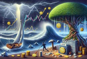 A portrayal of a metaphorical scene depicting the concept of 'Weathering a Crypto Storm'. In the foreground, construct a tangible representation of the cryptocurrency market, indicated by charts, figures, and crypto symbols caught in a powerful storm. Simultaneously, a resilient corporate entity, metaphorically visualized as a sailboat named 'CoinSpot', adeptly navigates through the tempest, remaining undamaged. Accompany this with a large safe in the background, brimming with coins, referencing the substantial profit. Above the scene, a richly verdant tree stretching branches over the entity and storm, symbolizing the generous dividends.