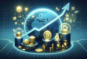 An illustrated visualization showcasing a forecasted surge in the market of Tokenized Real-World Assets for the year 2030. The image represents a robust economy with symbols of real-world assets such as property, gold, and art pieces being transferred into digital tokens. The background represents a time evolution graph from 2020 to 2030, with a drastic rise indicating the surge around the year 2030.