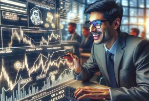 Create a highly detailed and realistic image representing a market analyst, of South Asian descent and male, in a professional environment. He's immersed in data as he anticipates major positive trends for two notable meme-based virtual assets. His screen shows graphs with a marked upswing and he's visibly excited and engrossed. Please capture the atmosphere of anticipation and potential financial growth.