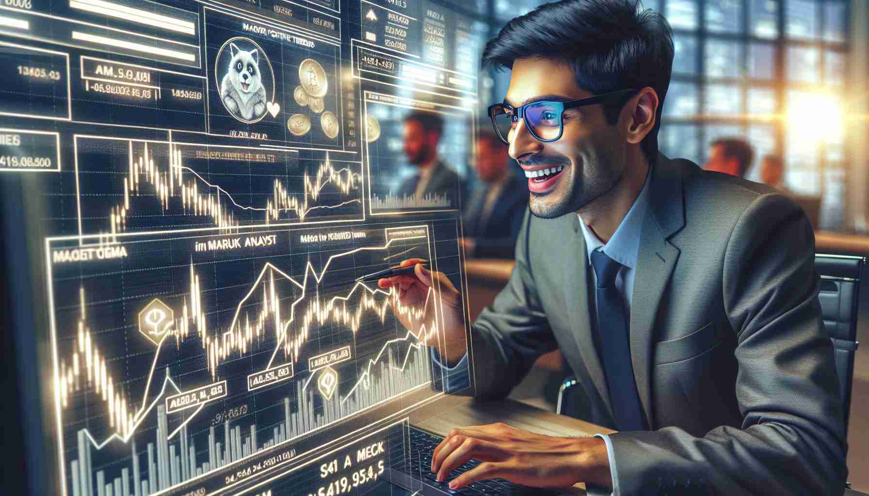 Create a highly detailed and realistic image representing a market analyst, of South Asian descent and male, in a professional environment. He's immersed in data as he anticipates major positive trends for two notable meme-based virtual assets. His screen shows graphs with a marked upswing and he's visibly excited and engrossed. Please capture the atmosphere of anticipation and potential financial growth.