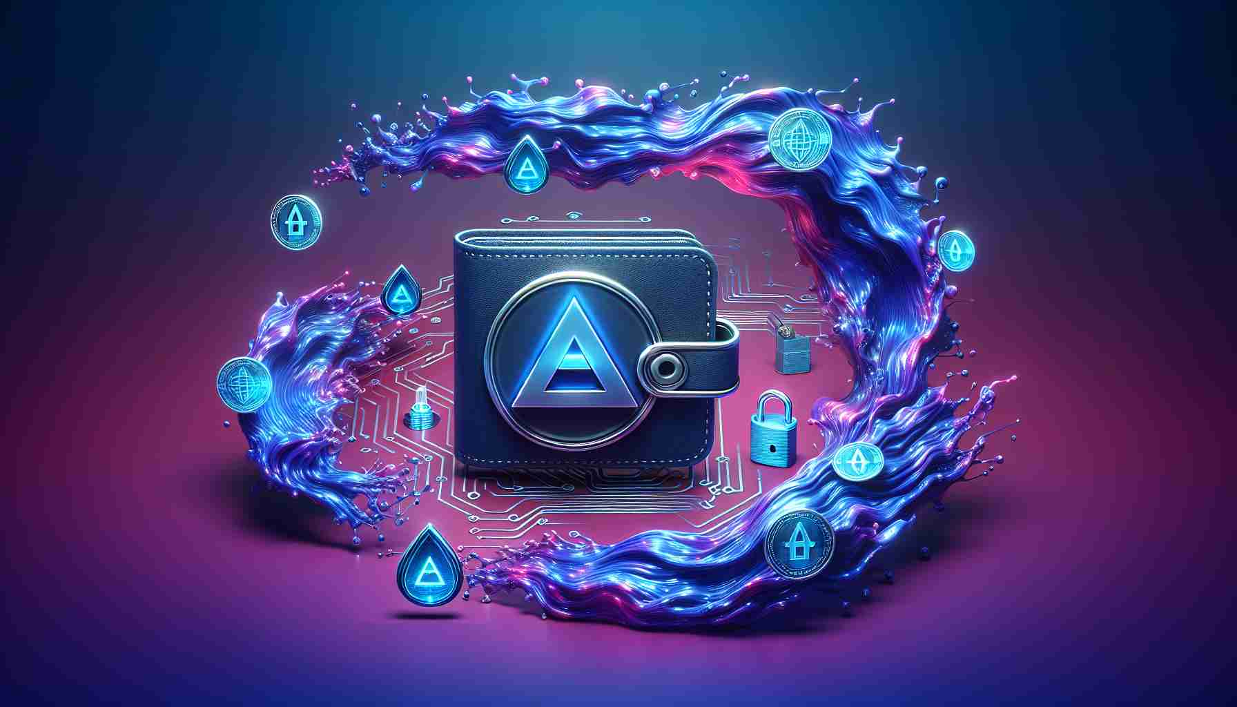 Generate a realistic high-definition image representing LiquidAuth as an open-source innovator enhancing wallet security within the Algorand network. The image should suggest security, innovation, and the open-source nature of the project, perhaps displaying a locked wallet symbol with the logo of Algorand, surrounded by flowing, liquid-like data to represent 'LiquidAuth'. All elements should be infused with a sense of modern technology and cybersecurity.