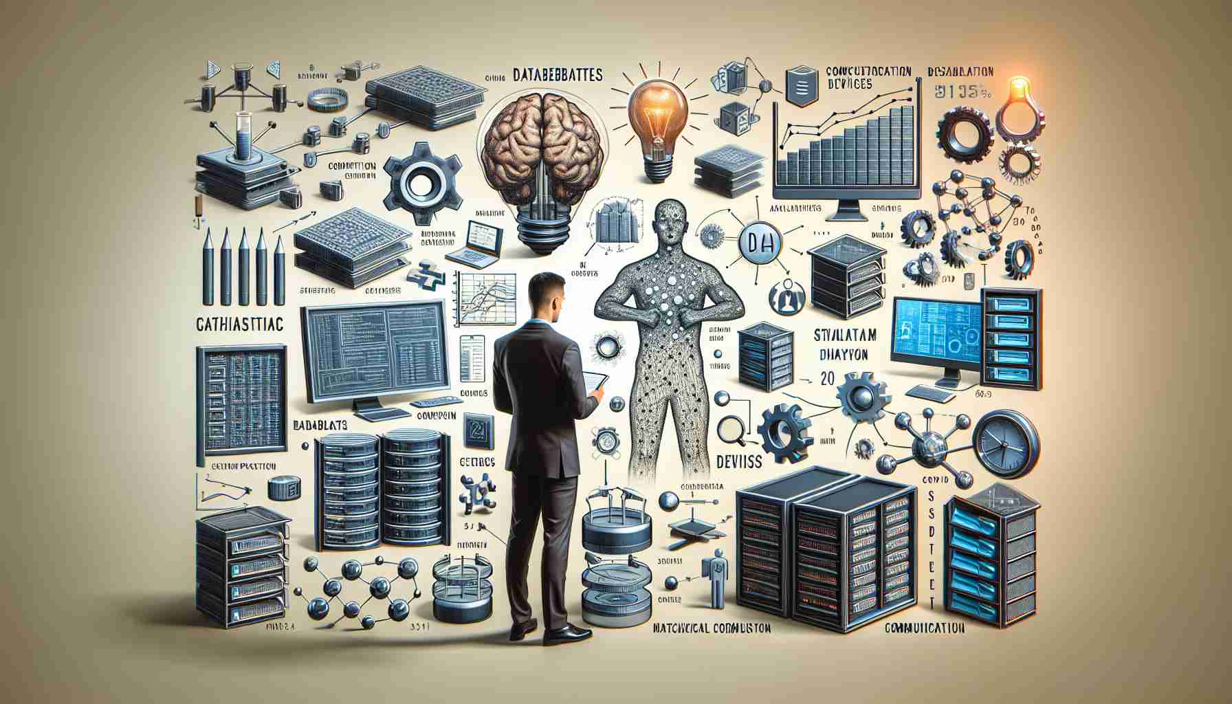 Create a realistic, high-definition image that represents essential skills for modern data scientists. This could include visual depictions of databases, algorithms, computation devices, statistical analysis, and machine learning methods, along with representations of critical thinking, problem-solving, and communication skills.