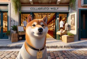 Generate a realistic high-definition image of a Shiba Inu dog wearing a tag that says 'Collaborator Welly'. The dog should be standing in the entrance of a quaint Italian-style store, marked by its second storefront launch. It should appear as an early morning scene, with sunlight gently illuminating the displayed items and the surrounding architecture, showcasing all the unique details.