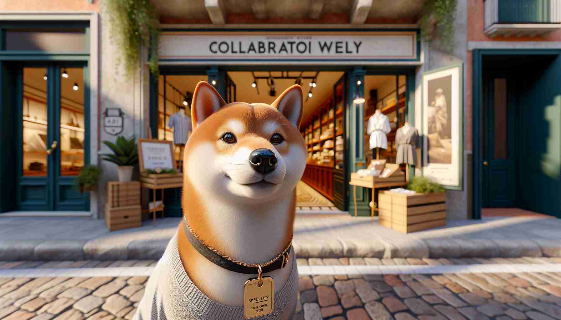 Generate a realistic high-definition image of a Shiba Inu dog wearing a tag that says 'Collaborator Welly'. The dog should be standing in the entrance of a quaint Italian-style store, marked by its second storefront launch. It should appear as an early morning scene, with sunlight gently illuminating the displayed items and the surrounding architecture, showcasing all the unique details.