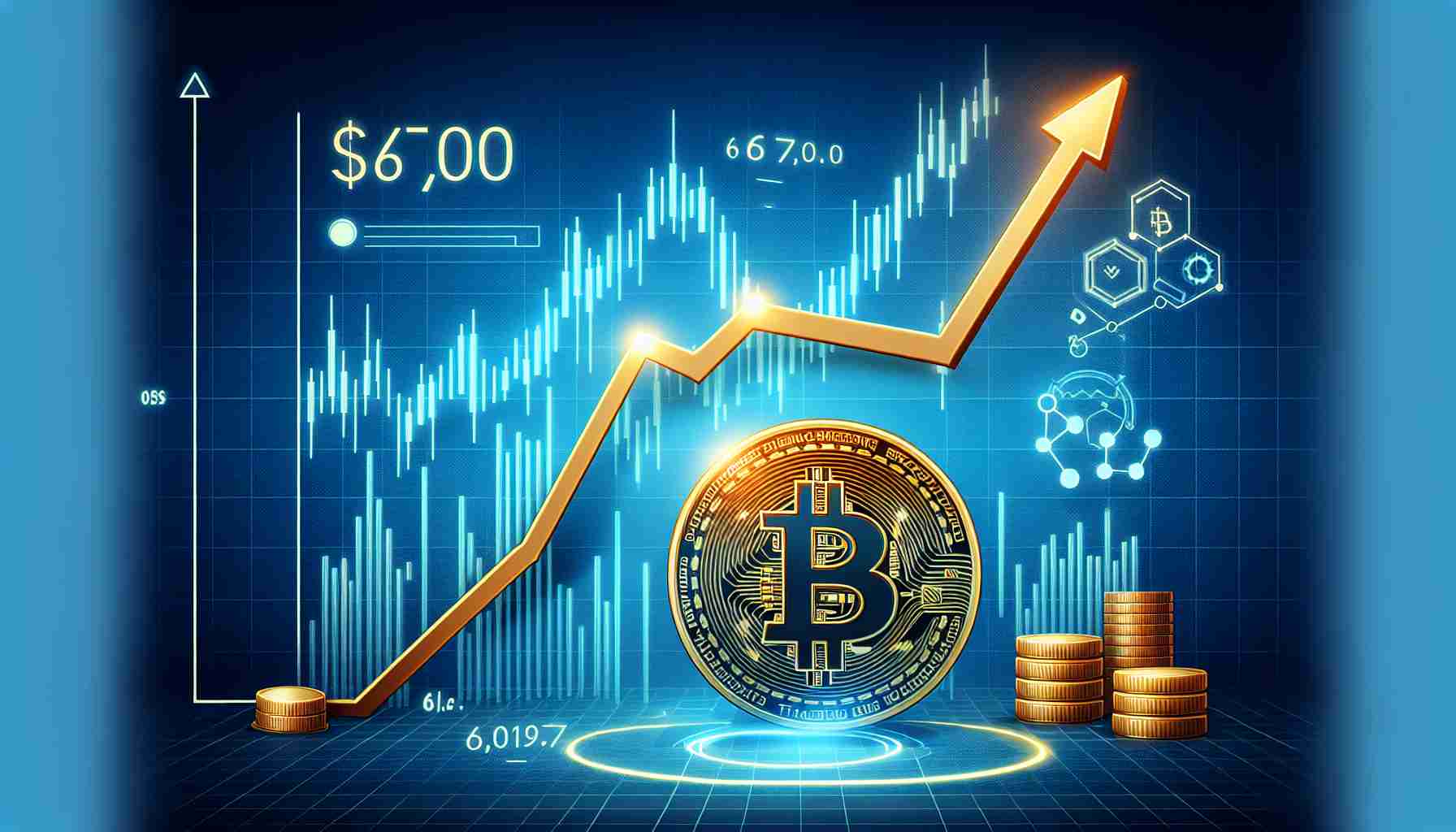 Create a high-quality picture representing the concept of Bitcoin recovering to a value of $67,000 amidst the volatility of the digital asset market. Include a fluctuating line graph to depict the volatility, and emphasize Bitcoin's rise with an arrow pointing upwards to the figure $67,000. To further illustrate the financial narrative, depict a Bitcoin symbol and digital elements to signify the digital asset market.