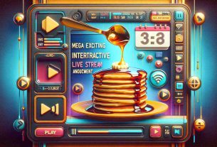 A high-definition image representing an Interactive Live Stream Event announcement. The frame includes a prominent headline text stating 'Mega Exciting Interactive Live Stream Event Announcement', next to an image of a stack of savory pancakes being drizzled with syrup. The background is adorned with related symbols, like play buttons, Wi-Fi symbols, and a calendar highlighting the event's date. Colors used are vibrant, catching the viewer's attention and intensifying the anticipation for the event.