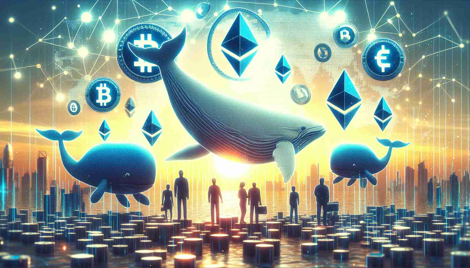 Generate an image that portrays the concept of significant Ethereum holders shifting their focus to a promising ICO for a new and innovative ETF platform. The scene should include symbolic representations of Ethereum 'whales', ICOs, and ETF platforms. However, these should be abstract and not tied to any specific entities. This should be a realistic picture in high definition.