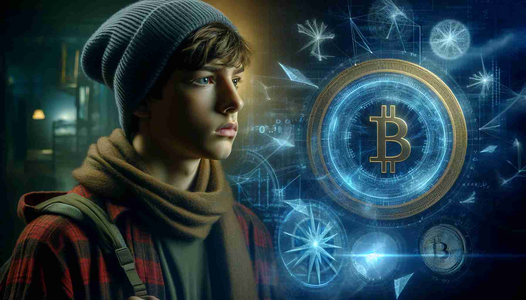 Realistic HD portrayal of an intriguing plot involving a young Caucasian male teenager and a mystery revolving around a cryptography-based digital coin