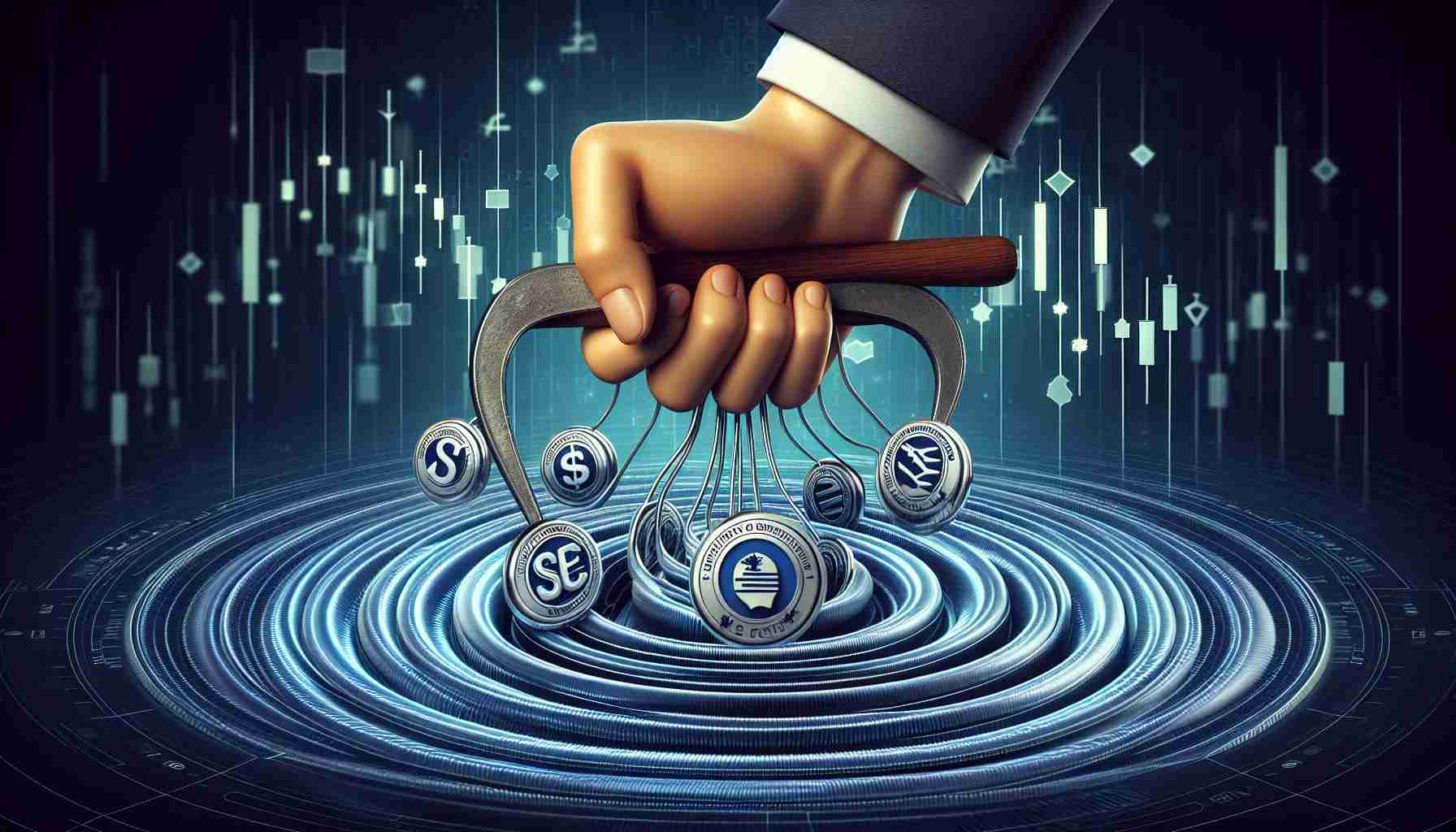 Realistic high-definition image depicting the metaphorical ripple effect of regulatory changes in the world of decentralized finance. Illustrate a symbol of the SEC institution tightening its grip on a group of symbols representing various DeFi projects, demonstrating the increased scrutiny and control. Create this within the context of a digital, cryptographic setting.