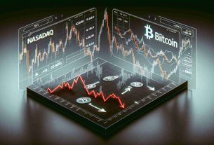 Generate a realistic HD image visualizing the correlation between Nasdaq and Bitcoin, with the interpretation that this correlation is a precursor to a market downturn. The image should include two graphs representing Nasdaq and Bitcoin prices over time, and a third graph overlaying the two, highlighting any synchronicities or patterns. These graphics should be placed on a monochromatic background with a modern look. Additional elements should be added such as downward pointing arrows or red downward trend lines indicating the predicted market downturn.