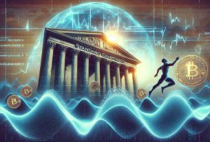 An intricately detailed and realistic high-definition image showing the concept of Standard Chartered diving into direct cryptocurrency trading. The image could feature a large symbolic representation of Standard Chartered, perhaps in the form of a grand, classical building, above shimmering, digital waveforms that signify cryptocurrency. A figure, representing Standard Chartered, could be seen enthusiastically stepping towards the waveforms, indicating a move towards cryptocurrency trading. The overall atmosphere could hold a sense of optimism and excitement, reflecting the possibilities held within the world of digital currency.