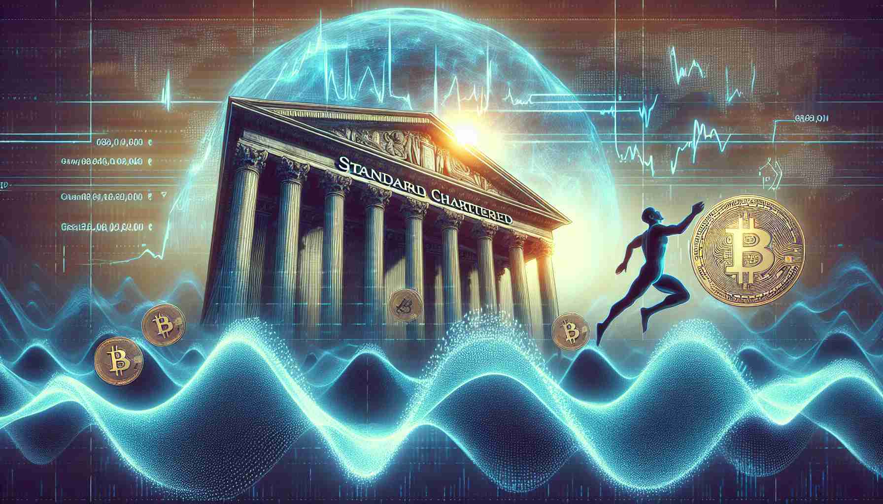 An intricately detailed and realistic high-definition image showing the concept of Standard Chartered diving into direct cryptocurrency trading. The image could feature a large symbolic representation of Standard Chartered, perhaps in the form of a grand, classical building, above shimmering, digital waveforms that signify cryptocurrency. A figure, representing Standard Chartered, could be seen enthusiastically stepping towards the waveforms, indicating a move towards cryptocurrency trading. The overall atmosphere could hold a sense of optimism and excitement, reflecting the possibilities held within the world of digital currency.