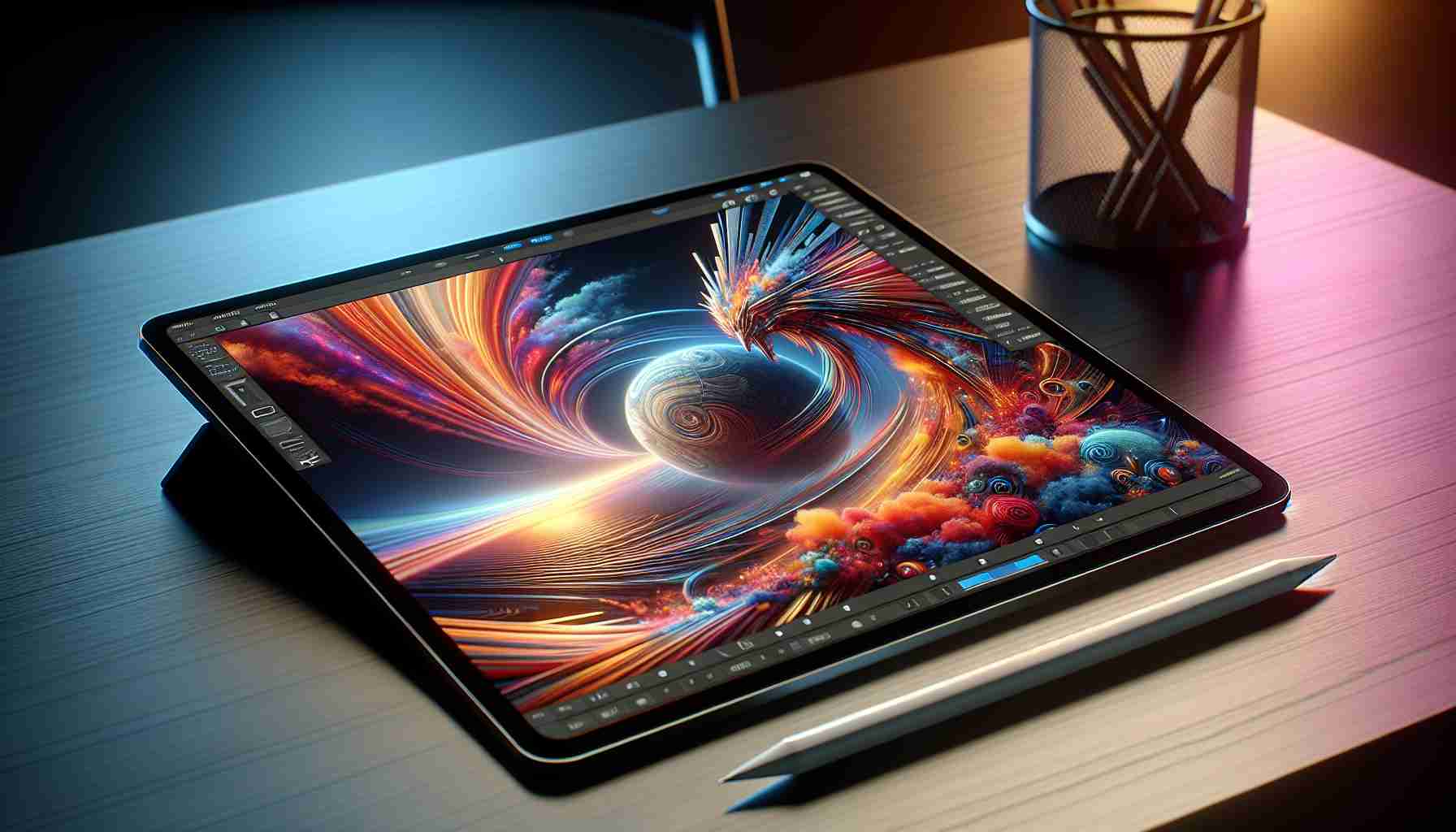 A realistic high-definition image depicting the new era of Computer Generated Imagery (CGI) made possible by the collaboration of advanced technologies and high-end tablets. Specifically, visualize an iPad Pro on a sleek, modern desk with a vibrant, dynamic CGI scene displayed on its screen indicating cutting-edge capabilities. The image shown on the iPad Pro's screen should be a complex 3D model or a richly detailed computer-animated scene, representing the significant progress in CGI technology.