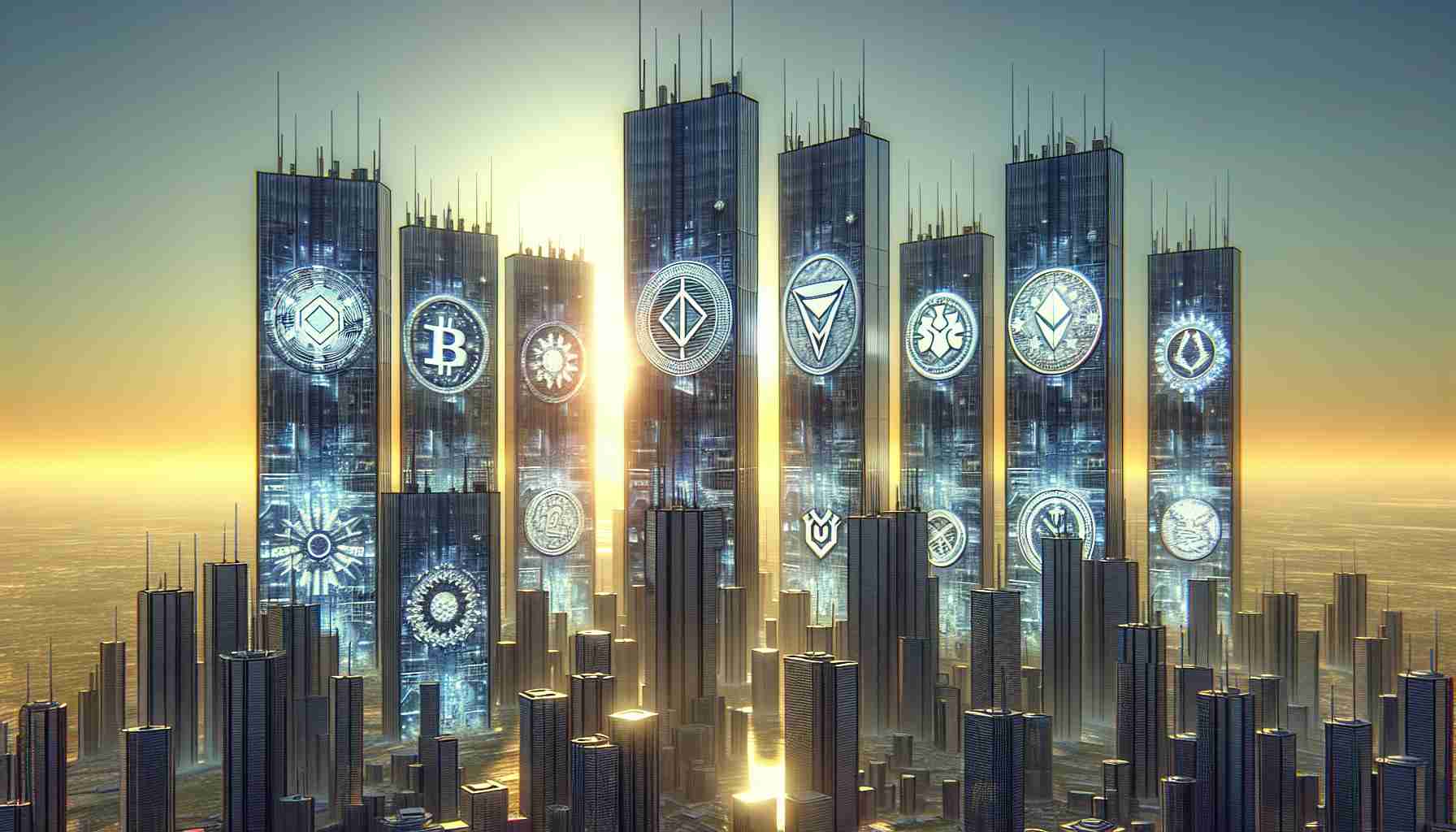 Generate a high-resolution, realistic image that depicts numerous large, towering buildings, each symbolizing a different emerging Layer 1 cryptocurrency. Each building should be adorned with emblems and designs that reflect the technical characteristics and branding of the respective cryptocurrencies. The skyline view should be set against a backdrop of a rising sun, symbolizing the 'emerging' aspect of these Layer 1 giants. The focus should be on the overall visual metaphor, and not any specific, identifiable cryptocurrencies.