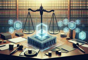 Generate a high-definition, realistic image depicting the concept of a dispute between a major blockchain company and a financial regulatory agency. Enhance the image with visual metaphor such as a balance scale to represent penalties and a courtroom backdrop to signify ongoing litigation.