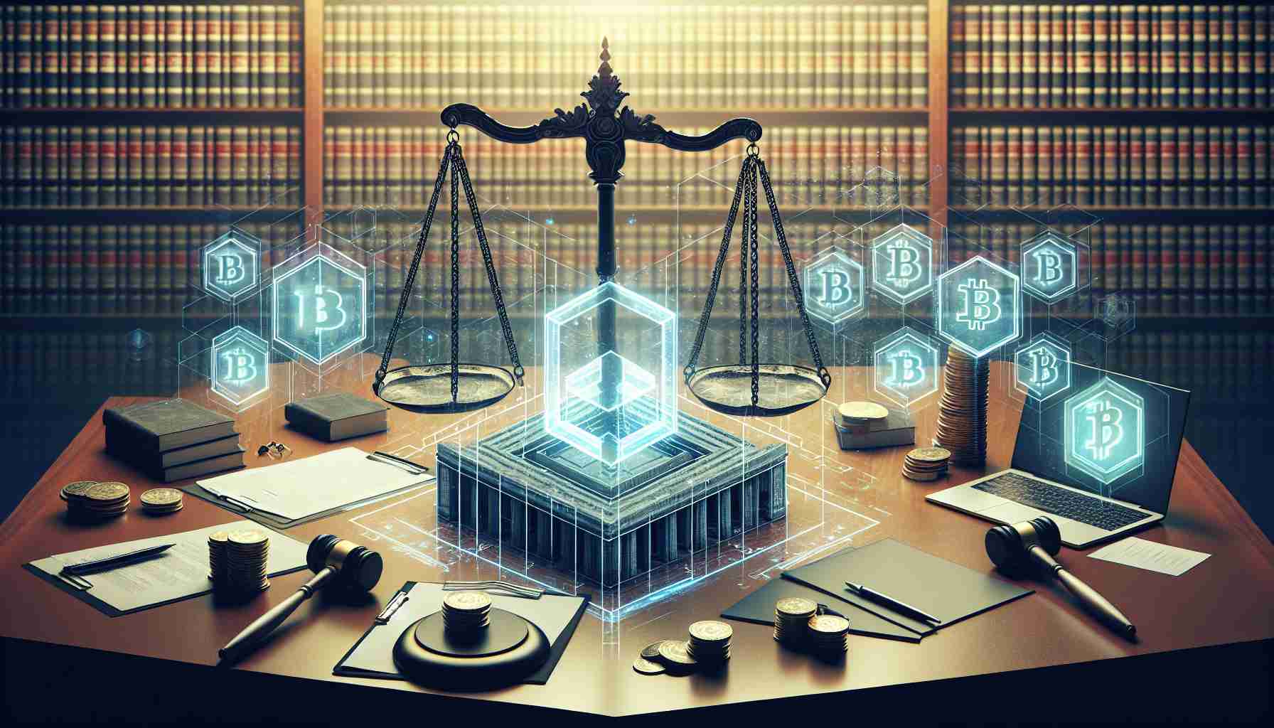 Generate a high-definition, realistic image depicting the concept of a dispute between a major blockchain company and a financial regulatory agency. Enhance the image with visual metaphor such as a balance scale to represent penalties and a courtroom backdrop to signify ongoing litigation.