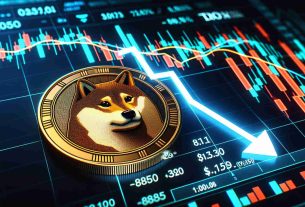 A high-definition image representing the market valuation of the Shiba Inu crypto currency demonstrating a potential downward trend. This should be represented with price trend line graphics going down on a digitally rendered stock market display board.