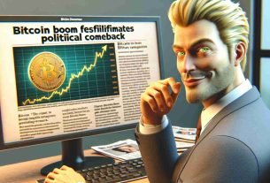 An HD image depicting a middle-aged caucasian man with distinct yellowish hair, dressed in a business suit, sitting by a computer. The screen of the computer shows the Bitcoin graph showing significant growth. The headline of the newspaper article next to him reads 'Bitcoin Boom Facilitates Political Comeback'. His eyes are gleaming at the computer screen and a smirk on his face, suggesting a positive impact of the Bitcoin boom on his career.