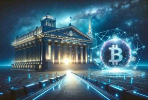 Visualize a conceptually rich scene introducing the notion of a major Russian bank transitioning to a future heavily reliant on blockchain technology. The image could include an imposing, classical styled bank exterior under the grandeur of night’s cosmos, symbolizing the traditional banking methods. Nearby, a bright, radiant path leads towards a hi-tech, digitalized globe hovering, enrobed in the shimmering essence of a blockchain design. This encapsulates the bank's anticipated blockchain-forward journey.