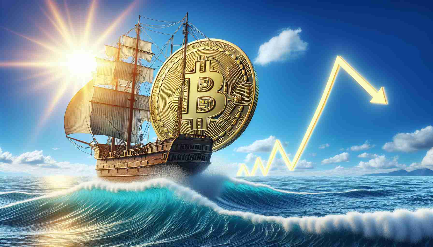 A high-definition, realistic image depicting the concept of Bitcoin skyrocketing in value. This is symbolized by a physical, golden Bitcoin coin with detailed inscriptions, on the helm of a ship which is setting sail amidst calm, blue ocean waves. The sky is clear with the sun shining brightly, symbolizing a promising future. The ship's charted course represents the rising valuation graph, taking the Bitcoin towards uncharted territories. The majestic ship, the clear blue ocean, and the bright sunlight, all represent the positive sentiments of this monumental event in cryptocurrency