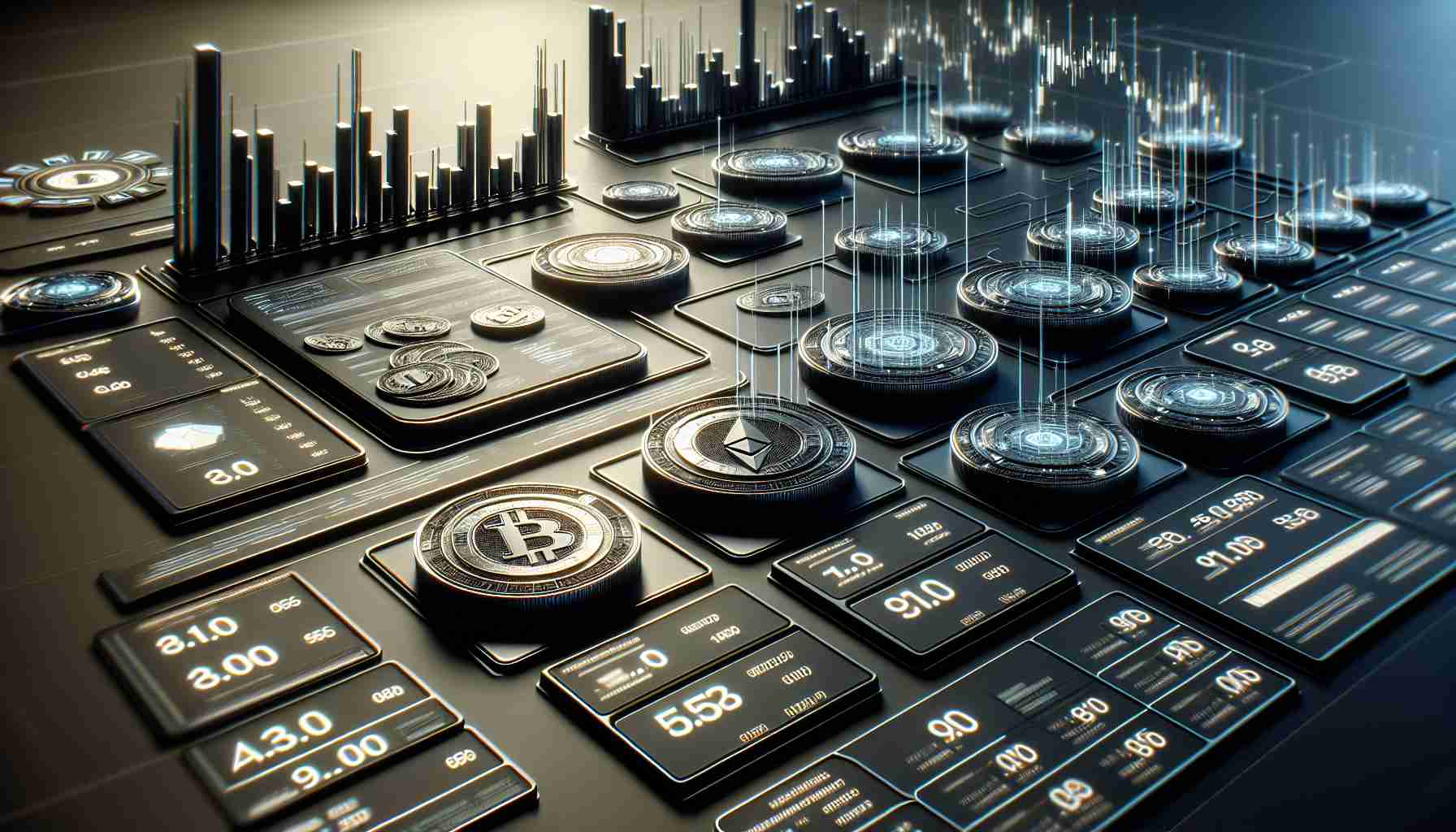 High definition realistic image depicting a fictional Future trading platform showcasing key aspects of trading and digital currencies. The platform showcases not-yet-launched digital currency tokens which are arranged in a grid pattern. There are numbers overlaid on each token showing their anticipated value. The overall design of the platform looks sophisticated and futuristic, with slick, clean lines and a dark color scheme. The trading data is presented in dynamic charts and graphs. No specific brand or logo is included, all fictitious and imagined scenarios.