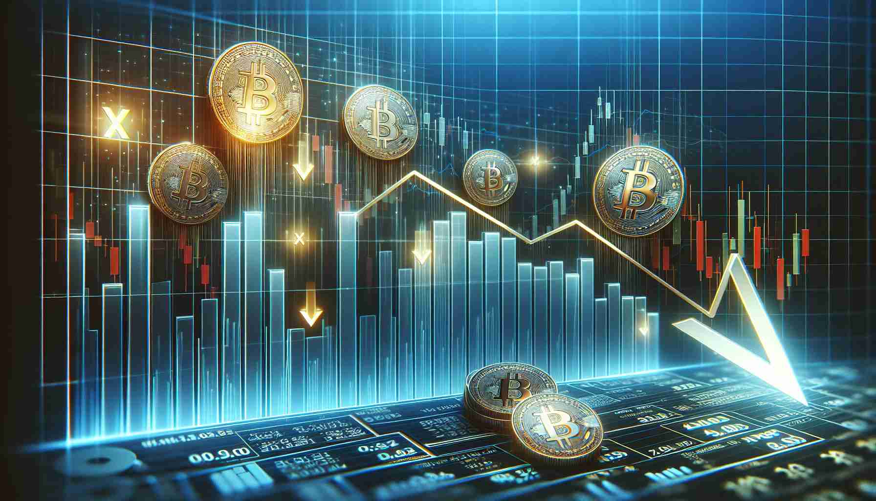 Generate a high definition, realistic image showing the concept of a potential bullish trend for altcoins despite the current market slump. The image should illustrate a virtual market graph with lines indicating a downward trend, perhaps a line chart or candlestick chart, which subtly hints at the possibility of an upward shift or 'bullish trend'. Elements of finance and cryptocurrency, like coins with symbols not representing any real cryptocurrency, percentages, numbers, arrows, should be incorporated to visually represent the financial change.