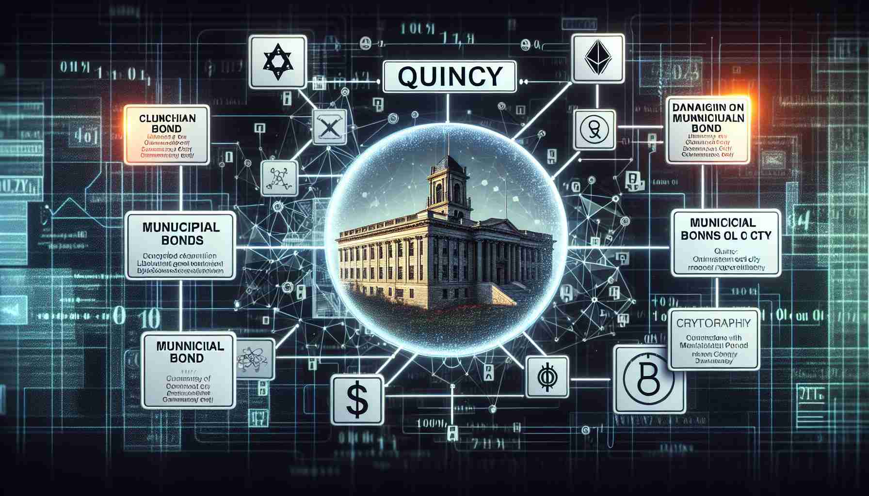 A high-definition, realistic image showing the concept of Quincy, a fictional city represented symbolically, adopting blockchain technology for managing municipal bond issuance. Visual elements include complex cryptographic diagrams & symbols, and representations of municipal bonds. The mood of the image is futuristic and efficient, highlighting the transformative effect of technology on municipal finances.